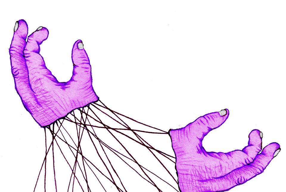 A sketchy drawing of two floating purple hands, connected by criss-crossing lines over a white background.