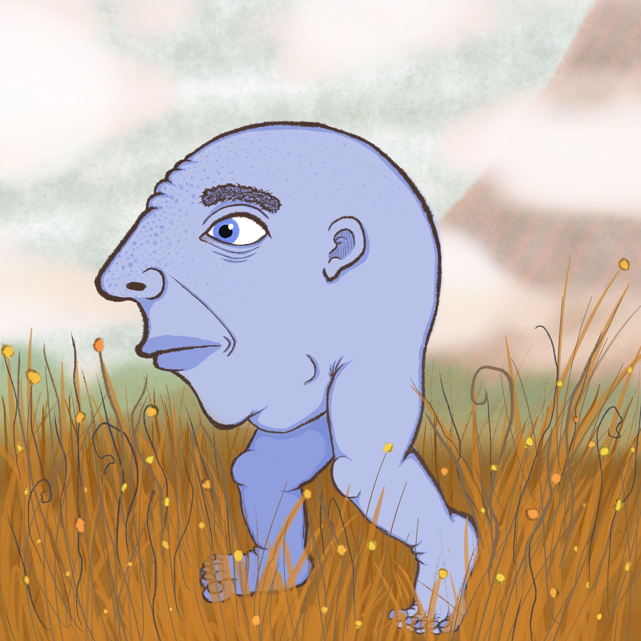 A bald, blue head, perched on two blue legs, stands among tall yellow grass, in front of a misty mountain.