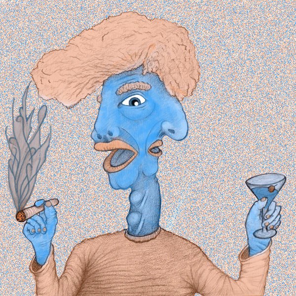 A two-faced man has a joint in one hand and a martini in the other. He stands in front of an orange and blue pointillist background. He has two adams apples.