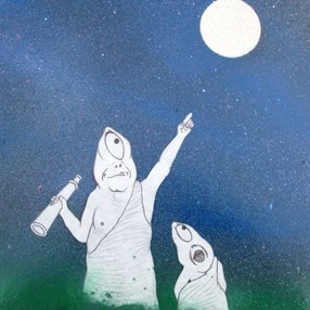 A father and child cyclops look up at the moon in wonder. They wear toga-like robes. The father holds a telescope.