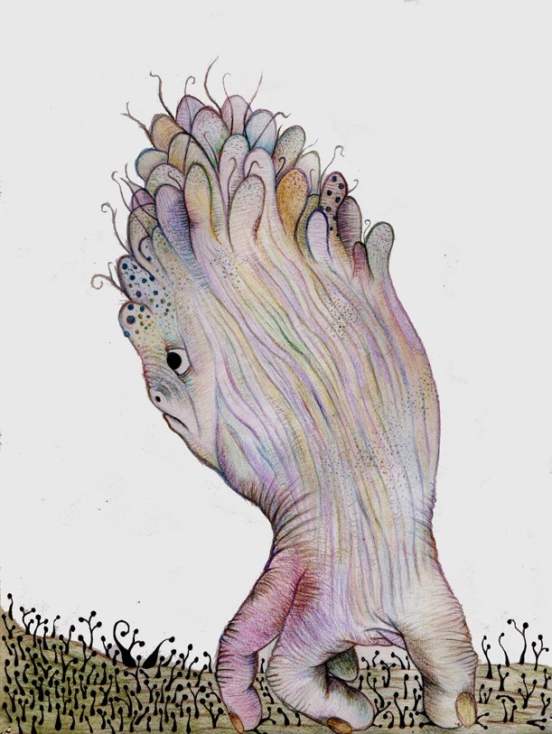 A nonsenical beast with a hand instead of legs, no arms, and a head covered in spores, walks among twisted groundcover plants.