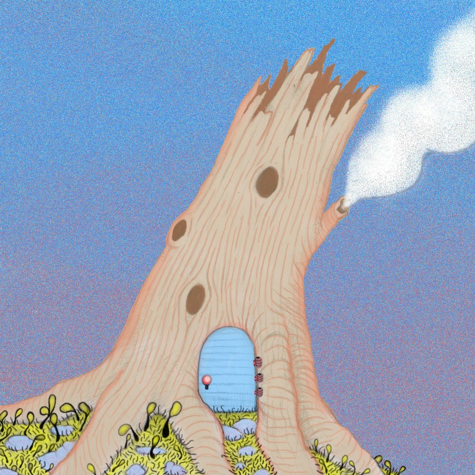 A tree-stump has a small, bright blue door nestled between its roots. A broken branch of the tree forms a chimney, with smoke wafting into the sky.