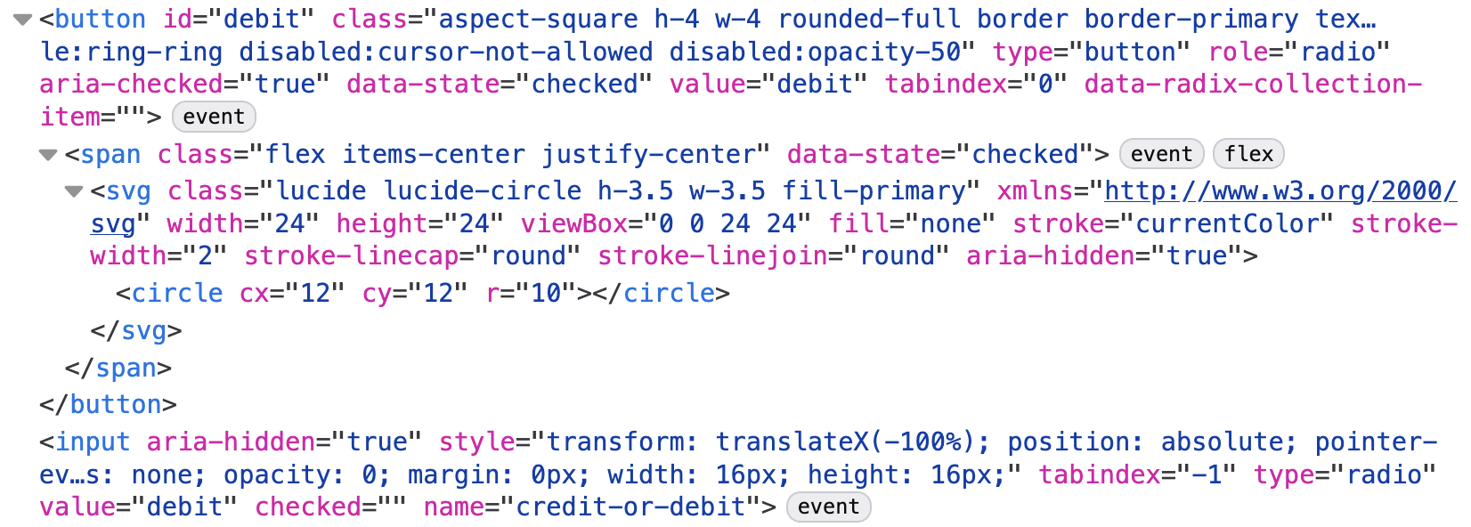 A whole bunch of markup from browser dev tools. It renders a button wrapping a span wrapping a circle. There's also a hidden input and a whole bunch of attributes.